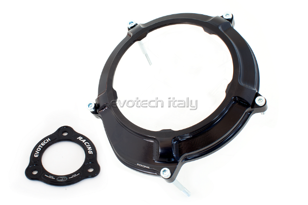 Afbeeldingen van Koppeling deksel met kijkglas en koppeling SET aluminium Evotech voor diverse KTM motoren. zwart/zwart