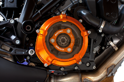 Afbeeldingen van Koppeling deksel met kijkglas en koppeling SET aluminium Evotech voor diverse KTM motoren. oranje/oranje