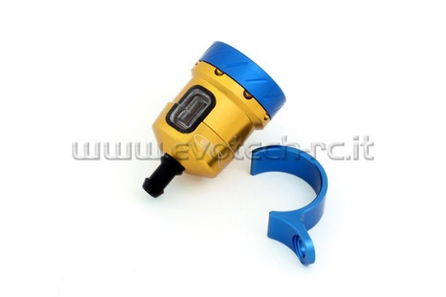 Afbeeldingen van Remvloeistofpotje aluminium met kijkglas 15ml Evotech goud/blauw