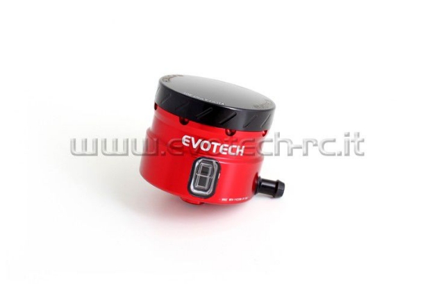 Afbeeldingen van Remvloeistofpotje groot 30ml met haakse uitgang Evotech rood/zwart