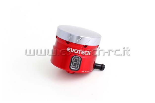 Afbeeldingen van Remvloeistofpotje groot 30ml met haakse uitgang Evotech rood/titanium