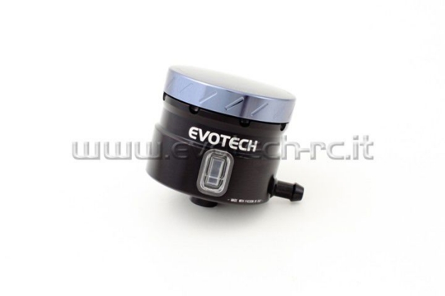 Afbeeldingen van Remvloeistofpotje groot 30ml met haakse uitgang Evotech zwart/zilver