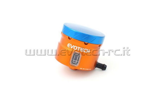 Afbeeldingen van Remvloeistofpotje groot 30ml met haakse uitgang Evotech oranje/blauw