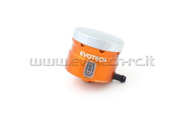 Afbeeldingen van Remvloeistofpotje groot 30ml met haakse uitgang Evotech oranje/zilver