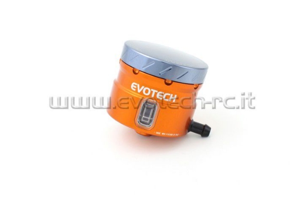 Afbeeldingen van Remvloeistofpotje groot 30ml met haakse uitgang Evotech oranje/titanium