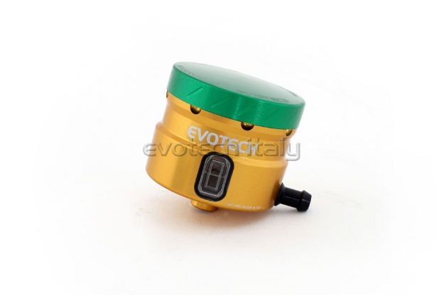 Afbeeldingen van Remvloeistofpotje groot 30ml met haakse uitgang Evotech goud/groen