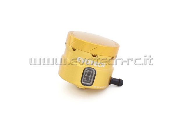 Afbeeldingen van Remvloeistofpotje groot 30ml met haakse uitgang Evotech goud/goud