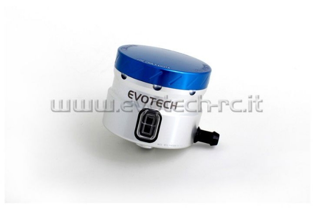 Afbeeldingen van Remvloeistofpotje groot 30ml met haakse uitgang Evotech zilver/blauw