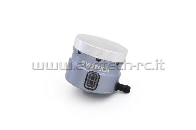 Afbeeldingen van Remvloeistofpotje groot 30ml met haakse uitgang Evotech titanium/zilver