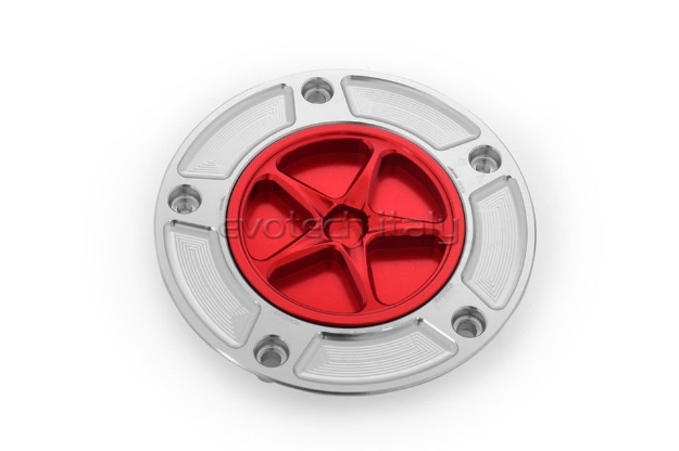 Afbeeldingen van Tankdop met schroefdop Evotech diverse Kawasaki modellen zilver/rood