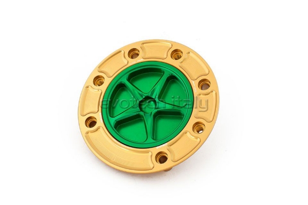 Afbeeldingen van Tankdop met schroefdop Evotech Suzuki 7 bouten (SU1) goud/groen