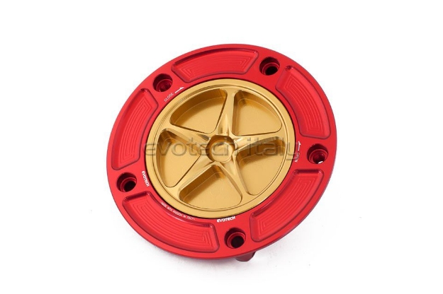 Afbeeldingen van Tankdop met schroefdop Evotech Suzuki 5 bouten (SU2) rood/goud