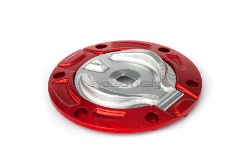 Afbeeldingen van Tankdop met sleutel opening van Evotech voor diverse Ducati en KTM modellen. rood-zilver