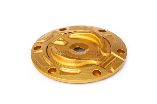 Afbeeldingen van Tankdop met sleutel opening van Evotech voor diverse Ducati en KTM modellen. goud-goud