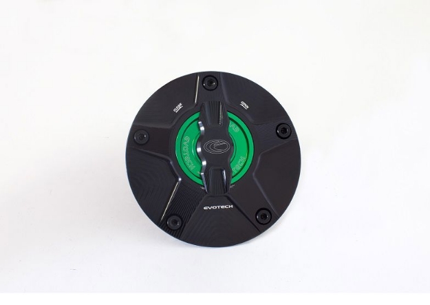 Afbeeldingen van Tankdop met snelsluiter van Evotech voor diverse Kawasaki modellen zwart/groen