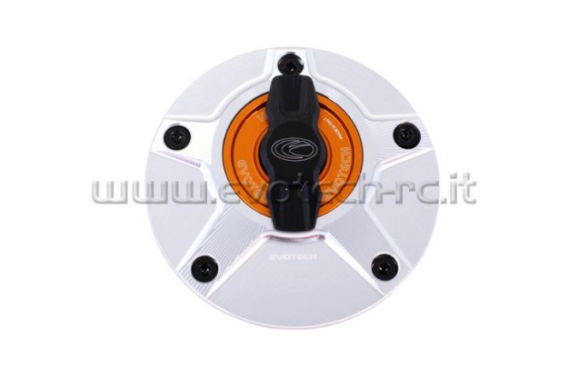 Afbeeldingen van Tankdop met snelsluiter van Evotech voor diverse Suzuki modellen zilver/oranje