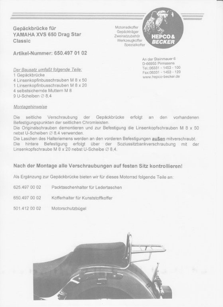 Afbeeldingen van Topdrager chroom Hepco & Becker Yamaha XVS 650C