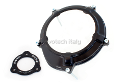 Afbeeldingen van Koppeling deksel met kijkglas en koppeling SET aluminium Evotech voor diverse KTM motoren. zwart/zwart
