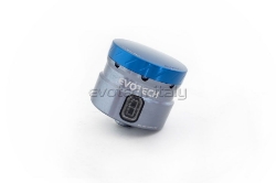 Afbeeldingen van Remvloeistofpotje groot 30ml met rechte uitgang Evotech titanium/blauw