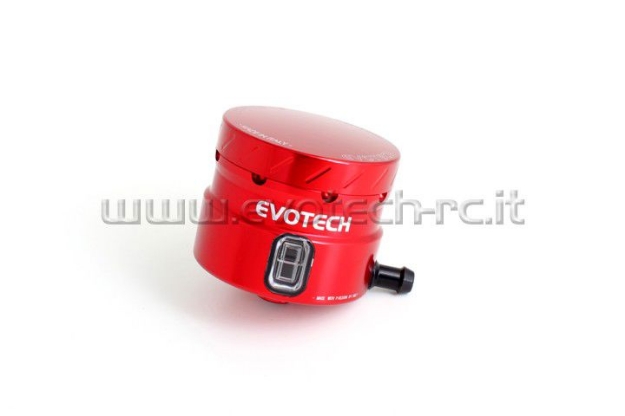 Afbeeldingen van Remvloeistofpotje groot 30ml met haakse uitgang Evotech rood/rood