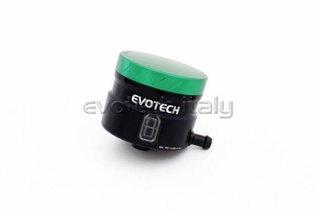 Afbeeldingen van Remvloeistofpotje groot 30ml met haakse uitgang Evotech zwart/groen
