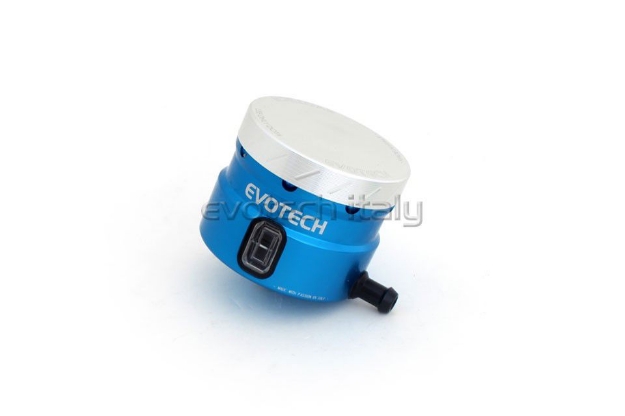 Afbeeldingen van Remvloeistofpotje groot 30ml met haakse uitgang Evotech blauw/zilver
