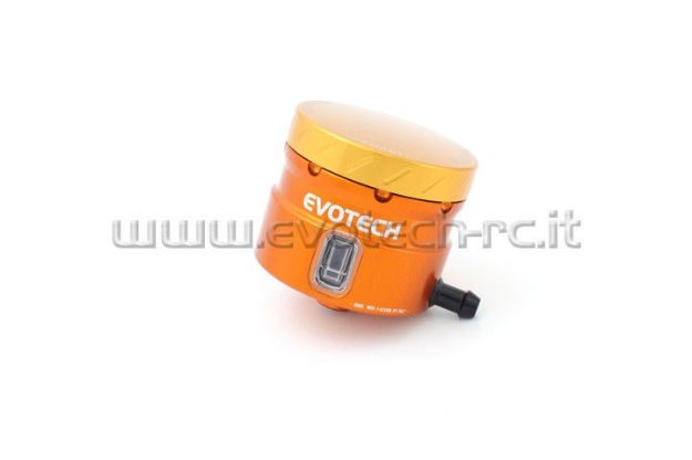 Afbeeldingen van Remvloeistofpotje groot 30ml met haakse uitgang Evotech oranje/goud