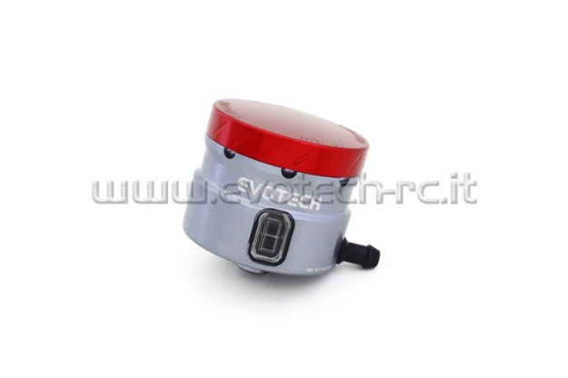 Afbeeldingen van Remvloeistofpotje groot 30ml met haakse uitgang Evotech titanium/rood