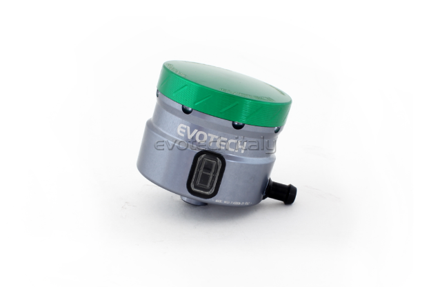 Afbeeldingen van Remvloeistofpotje groot 30ml met haakse uitgang Evotech titanium/groen