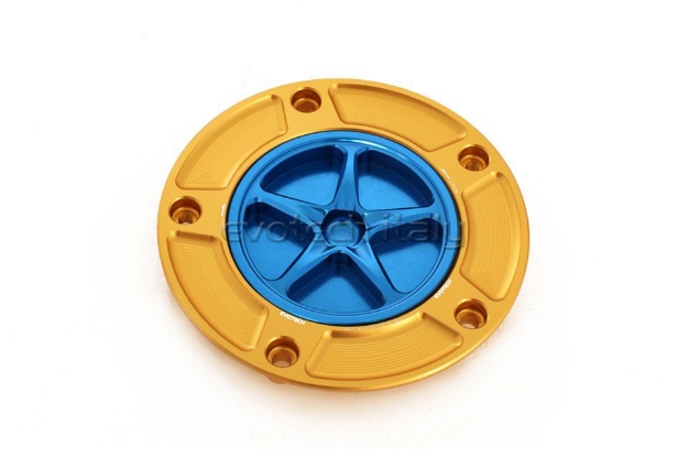 Afbeeldingen van Tankdop met schroefdop Evotech diverse Kawasaki modellen goud/blauw