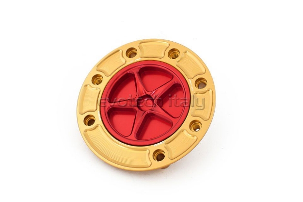 Afbeeldingen van Tankdop met schroefdop Evotech Suzuki 7 bouten (SU1) goud/rood