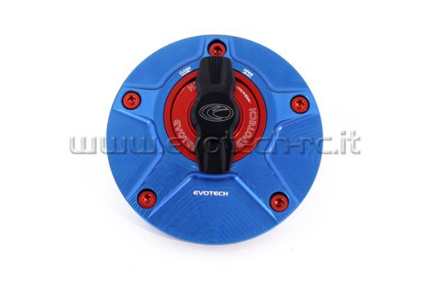 Afbeeldingen van Tankdop met snelsluiter van Evotech voor diverse Suzuki modellen blauw/rood