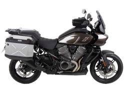 Afbeeldingen van Kofferset Hepco&Becker 'Cutout' met RVS rek en Xplorer zilvere koffers Harley Davidson Pan America '21-