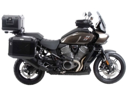 Afbeeldingen van Kofferset Hepco&Becker 'Cutout' met RVS rek en Xplorer BLACK koffers Harley Davidson Pan America '21-