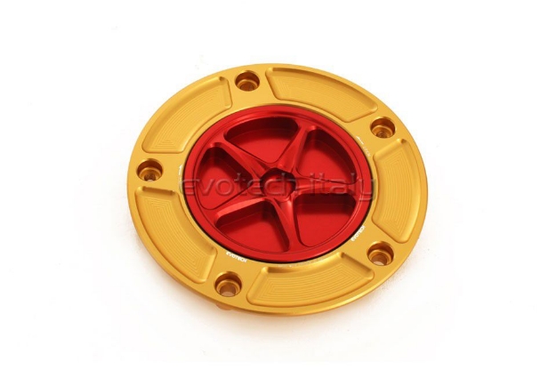 Afbeeldingen van Tankdop met schroefdop Evotech diverse Kawasaki modellen goud/rood