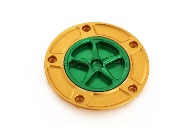 Afbeeldingen van Tankdop met schroefdop Evotech diverse Kawasaki modellen goud/groen