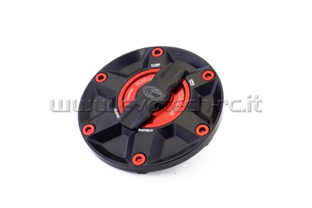 Afbeeldingen van Tankdop met snelsluiter van Evotech voor diverse Aprilia / Triumph / MV Agusta zwart/rood