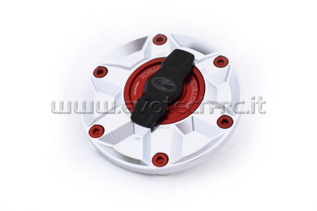 Afbeeldingen van Tankdop met snelsluiter van Evotech voor diverse Aprilia / Triumph / MV Agusta zilver/rood