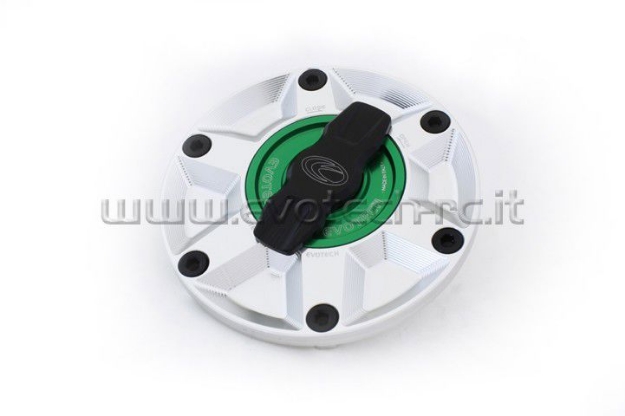Afbeeldingen van Tankdop met snelsluiter van Evotech voor diverse Aprilia / Triumph / MV Agusta zilver/groen