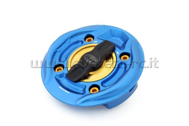 Afbeeldingen van Tankdop met snelsluiter van Evotech voor diverse BMW modellen blauw/goud