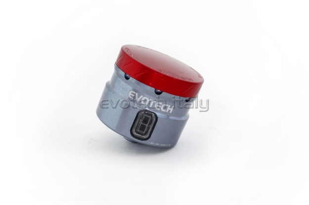 Afbeeldingen van Remvloeistofpotje groot 30ml met rechte uitgang Evotech titanium/rood