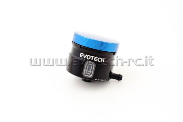 Afbeeldingen van Remvloeistofpotje groot 30ml met haakse uitgang Evotech zwart/blauw