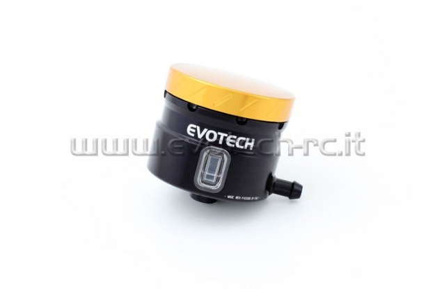 Afbeeldingen van Remvloeistofpotje groot 30ml met haakse uitgang Evotech zwart/goud