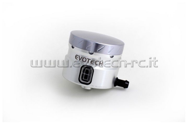 Afbeeldingen van Remvloeistofpotje groot 30ml met haakse uitgang Evotech zilver/titanium