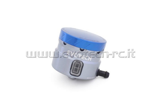 Afbeeldingen van Remvloeistofpotje groot 30ml met haakse uitgang Evotech titanium/blauw