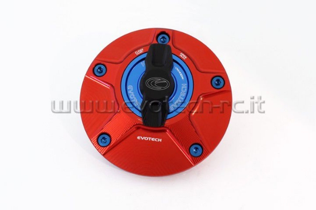 Afbeeldingen van Tankdop met snelsluiter van Evotech voor diverse Kawasaki modellen rood/blauw