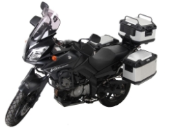 Afbeeldingen van Kofferset Hepco&Becker 'Cutout' met RVS rek en Xplorer BLACK koffers Suzuki DL650 V-Strom '04-'11