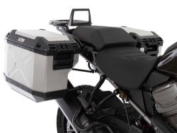 Afbeeldingen van Kofferset Hepco&Becker 'Cutout' met RVS rek en Xplorer zilvere koffers Harley Davidson Pan America '21-