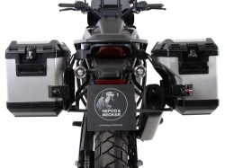 Afbeeldingen van Kofferset Hepco&Becker 'Cutout' met RVS rek en Xplorer zilvere koffers Harley Davidson Pan America '21-