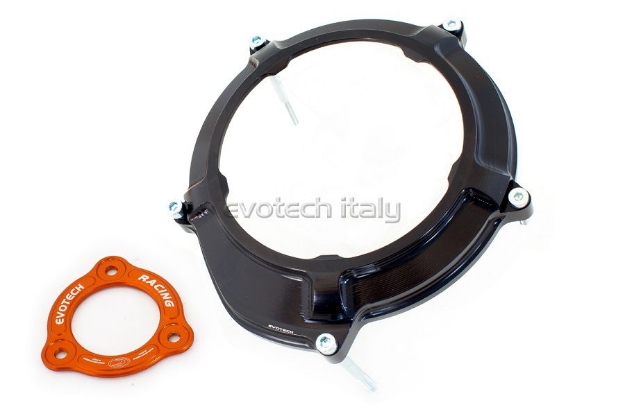 Afbeeldingen van Koppeling deksel met kijkglas en koppeling SET aluminium Evotech voor diverse KTM motoren. zwart/oranje